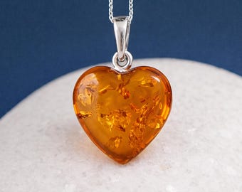 Personalised Sterling Silver Amber Heart Necklace, Genuine Baltic Amber Pendant, 27mm