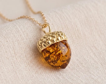 Personalised Gold Plated Sterling Silver Baltic Amber Acorn Pendant Necklace