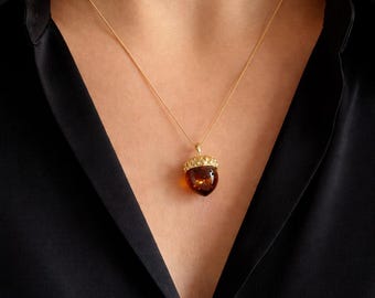 Personalised Gold Plated Sterling Silver Baltic Amber Acorn Pendant Necklace