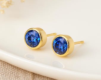 Sapphire CZ Stud Earrings • 18ct Gold-Plated Sterling Silver • September Birthstone Gift • 7mm Blue Gemstone Studs • Gift for Her •