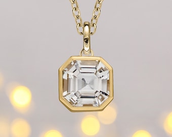 9ct Gold Asscher Cut White Topaz Necklace with Optional Personalisation