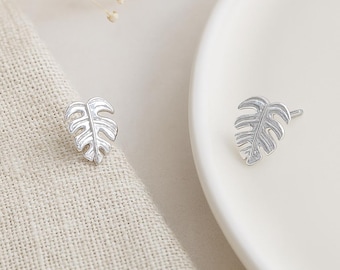 Monstera Leaf Stud Earrings • Sterling Silver Botanical Studs • Plant Lover Gift • Dainty Earrings • Nature Jewellery •