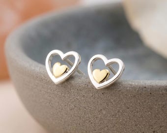Personalised Double Heart Stud Earrings In Sterling Silver And Gold