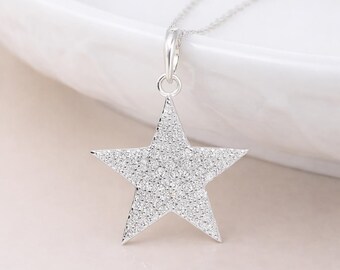 Sterling Silver Star Pendant Necklace: Pavé Cubic Zirconia Charm