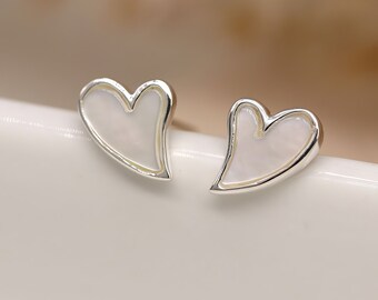 Tiny Sterling Silver Mother of Pearl Heart Studs