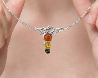Amber Dragon Necklace in Sterling Silver, Genuine Mixed Baltic Amber, Dragon Jewellery, Fantasy Necklace
