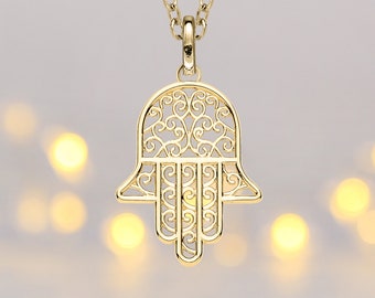 9ct Yellow Gold Filigree Hamsa Hand of Fatima Necklace with Optional Personalisation