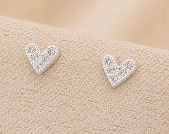 5mm Sterling Silver Textured Sparkling Heart Stud Earrings
