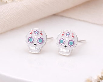 Sterling Silver Sugar Skull Stud Earrings – 10mm x 8mm
