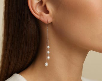 Pearl Earrings • Sterling Silver Long Drop Earrings • Bridal Pearl Jewellery • Gift for Her • Classic Everyday Earrings •