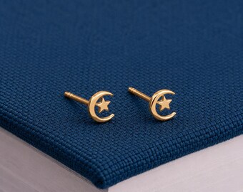 6mm Gold Plated Sterling Silver Moon And Star Stud Earrings
