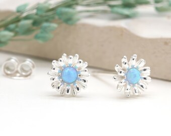 Sterling Silver Blue Opal Daisy Stud Earrings