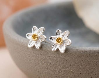 Daffodil Stud Earrings in Sterling Silver and Gold