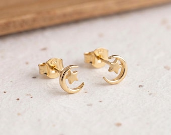 Personalised Moon And Star Stud Earrings in Gold Plated Sterling Silver