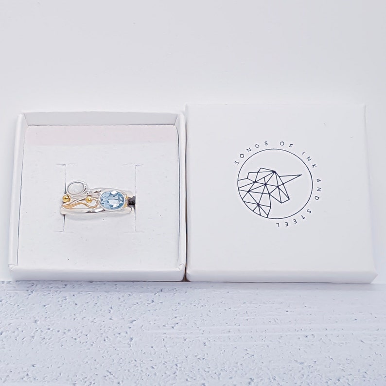 UK L Sterling Silver Sky Blue Topaz and White Opal Ring for Women Organic Gemstone Ring * Personalized With Up To 40 Characters