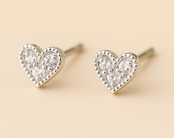 Mini Sterling Silver CZ Heart Stud Earrings
