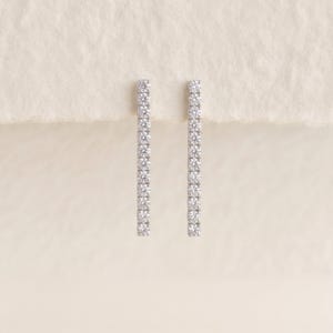 Könnte beinhalten: Ein Paar vertikale Ohrhänger, bestehend aus einer Reihe kleiner, runder, klarer und facettierter Steine in einer Metallfassung. Die Ohrringe sind nebeneinander angeordnet und zeigen ein lineares Design mit glänzender Oberfläche.