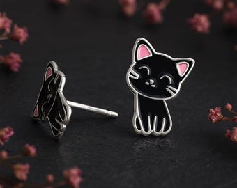 Girls Sterling Silver Black Cat Stud Earrings