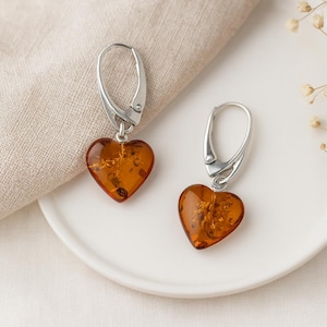 Sterling Silver Baltic Amber Heart Drop Earrings