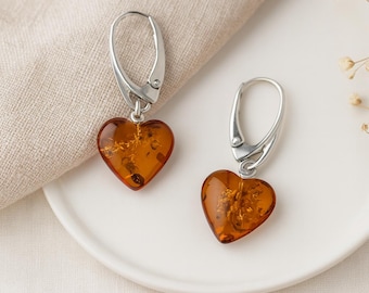 Sterling Silver Baltic Amber Heart Drop Earrings