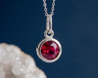 Tiny Personalised July Ruby Birthstone Pendant Necklace In Sterling Silver