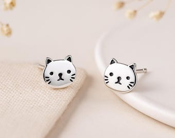 Cat Face Stud Earrings • Sterling Silver Kitten Studs • Cute Gift for Her • Animal Earrings • Everyday Jewellery •