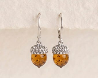 Baltic Amber Acorn Leverback Drop Earrings in Sterling Silver