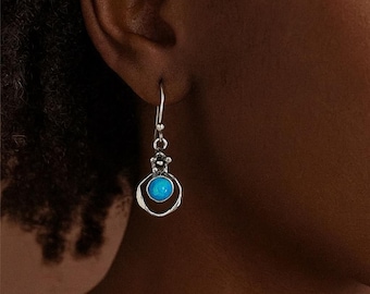 Blue Opal Flower Earrings • Oxidised Sterling Silver Dangles • October Birthstone Jewellery • Floral Drop Earrings • Gift for Her •