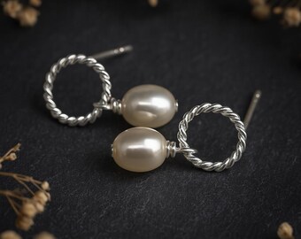 Sterling Silver White Freshwater Pearl Rope Stud Earrings