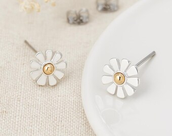 Daisy Flower Stud Earrings • Two Tone Gold & Silver Birth Flower Jewellery • April Birthday Gift • Sentimental Earrings for Her •