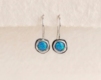 Organic Blue Opal Drop Earrings in Molten Sterling Silver