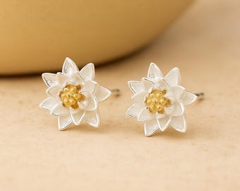 Sterling Silver July Birth Flower Lotus Water Lily Stud Earrings