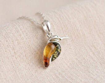 Personalised Baltic Amber Kingfisher Pendant Necklace in Sterling Silver