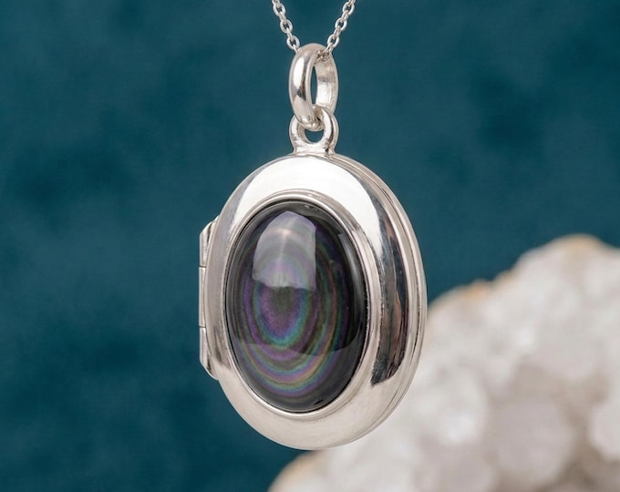 Featured listing image: Personalised Rainbow Obsidian Photo Locket Necklace in Sterling Silver