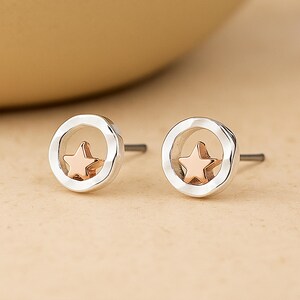 Clous d'oreilles en argent et en or rose avec halo d'étoiles