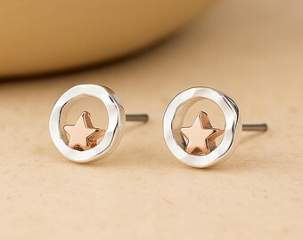 Silver And Rose Gold Halo Star Stud Earrings