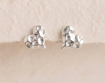 Personalised Hammered Heart Stud Earrings with Sterling Silver Plating