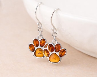 Sterling Silver Baltic Amber Paw Print Drop Earrings – 15mm