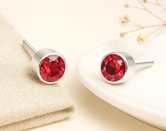 Ruby Stud Earrings • July Birthstone Gift • Sterling Silver Red CZ Studs • Dainty Earrings for Her • Birthday Jewellery •