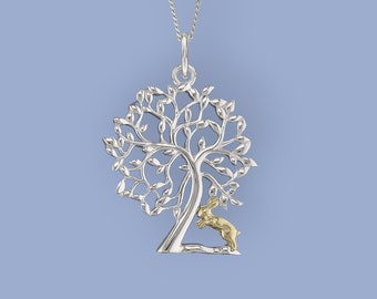 Baby Rabbit Tree of Life Necklace in Sterling Silver, Dainty Animal Pendant, 18ct Gold Plated Rabbit, Family Tree Necklace