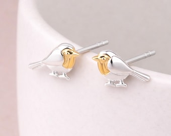 Gold Plated Sterling Silver Robin Stud Earrings – 10mm X 7mm