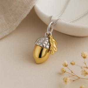 Acorn Pendant • Sterling Silver with 18ct Gold Plate • Teacher's Nature Charm • Personalised Disc • Gift for Her • Strength & Growth •