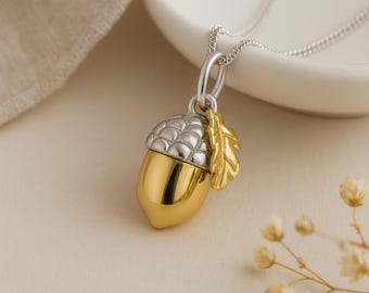 Acorn Pendant • Sterling Silver with 18ct Gold Plate • Teacher's Nature Charm • Personalised Disc • Gift for Her • Strength & Growth •