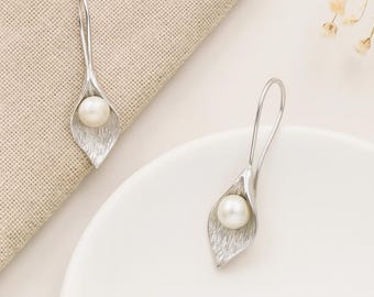 Freshwater Pearl Leaf Earrings • Sterling Silver Drop Earrings • Nature-Inspired Jewellery • 30mm Elegant Gift for Her •
