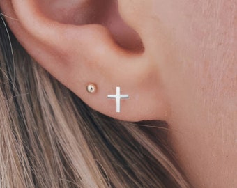 Tiny Sterling Silver Cross Stud Earrings