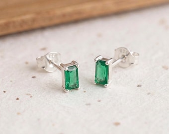 Personalised Rectangle Emerald Stud Earrings In Sterling Silver