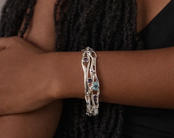 Molten Sterling Silver Amethyst, Sky Blue Topaz and Iolite Hinged Bangle Bracelet