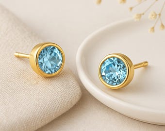 Aquamarine Stud Earrings • Gold Plated Sterling Silver • March Birthstone Gift • Dainty Blue CZ Studs • Gift for Her •