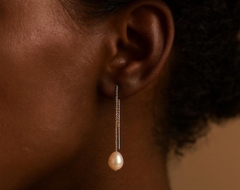 Gold Pearl Threader Earrings • 14ct Gold Plated Sterling Silver • Long Freshwater Pearl Drops • Modern Bridal Jewellery • Gift for Her •