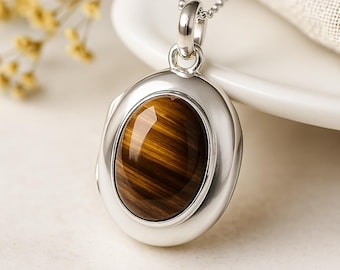 Personalised Sterling Silver Gold Tigers Eye Locket